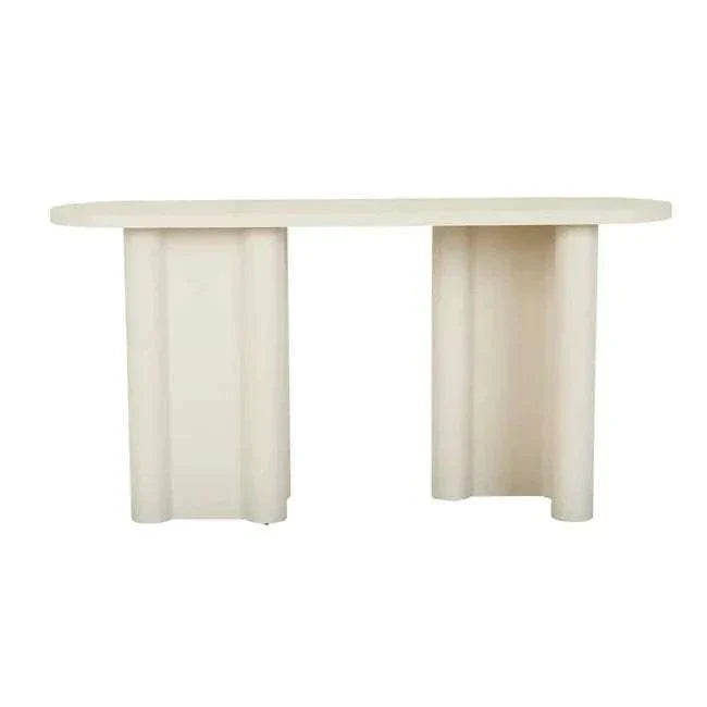 Magnus Console Table in porcelain finish with asymmetric base and rounded profile for modern interiors