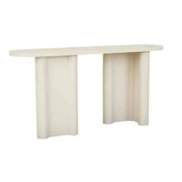 Magnus Console Table in porcelain finish with asymmetric base and rounded profile for modern interiors