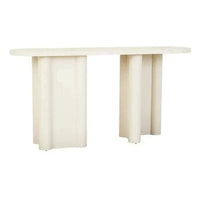 Magnus Console Table in porcelain finish with asymmetric leg design and rounded profile for modern interiors