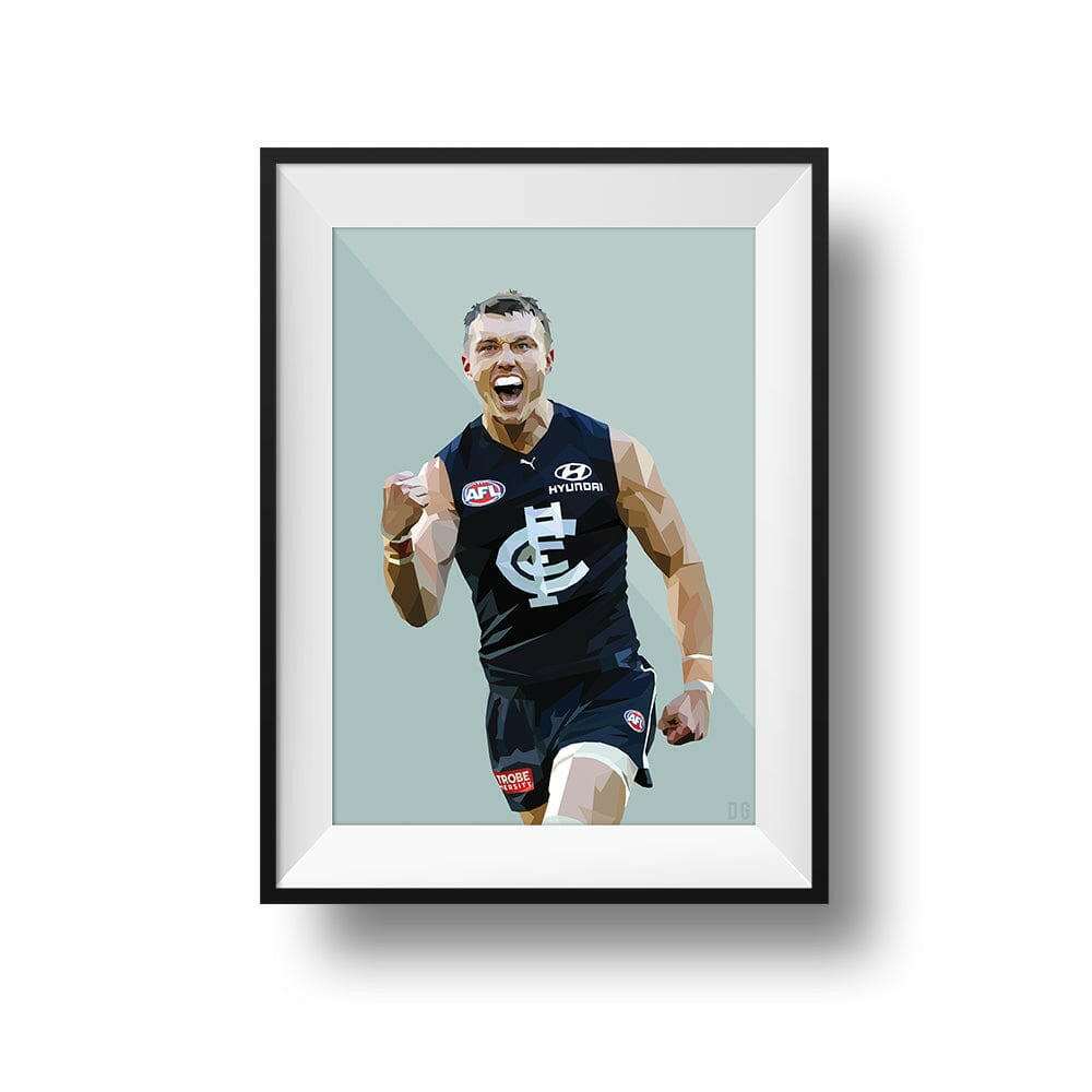 Framed DG Designs Dom Gauci digital art print of Patrick Cripps in Carlton FC AFL uniform on sage green background