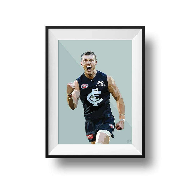 Framed DG Designs Dom Gauci digital art print of Patrick Cripps in Carlton FC AFL uniform on sage green background