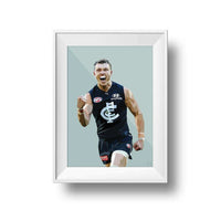 DG Designs Dom Gauci kids art print of AFL player Patrick Cripps in Carlton FC uniform with sage green background in white frame