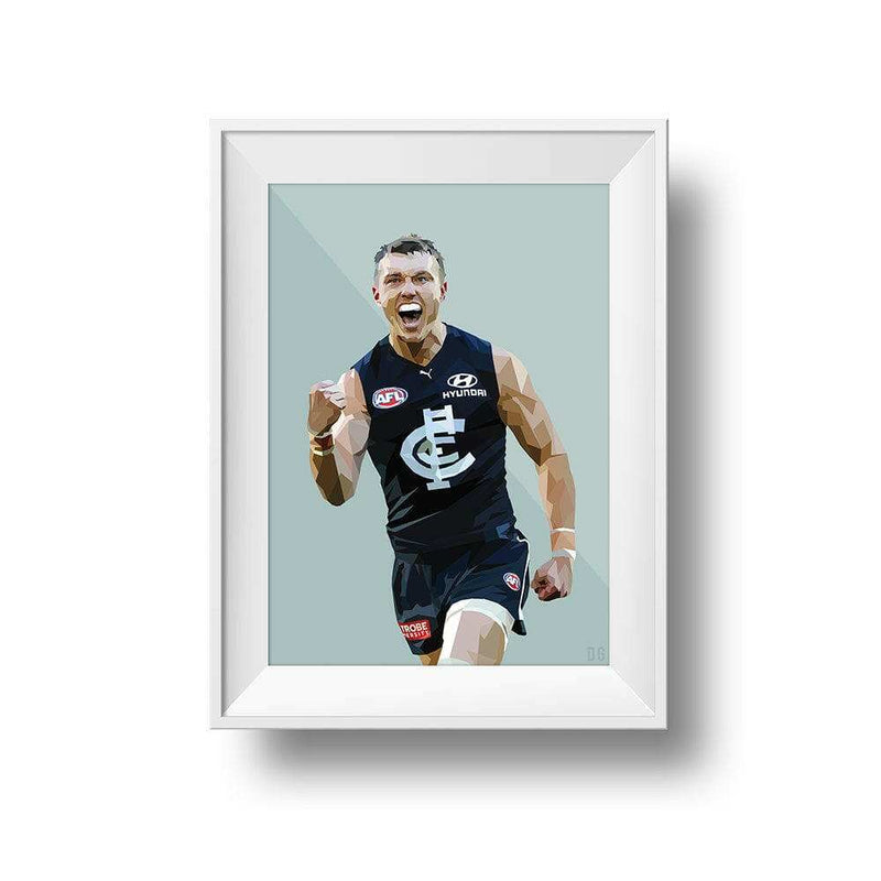 DG Designs Dom Gauci kids art print of AFL player Patrick Cripps in Carlton FC uniform with sage green background in white frame
