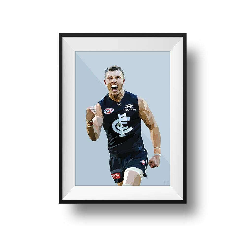 Framed DG Designs Dom Gauci kids art print of Patrick Cripps in Carlton FC AFL uniform on powder blue background