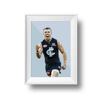 Framed DG Designs Dom Gauci kids art print of Patrick Cripps in Carlton FC AFL uniform on powder blue background