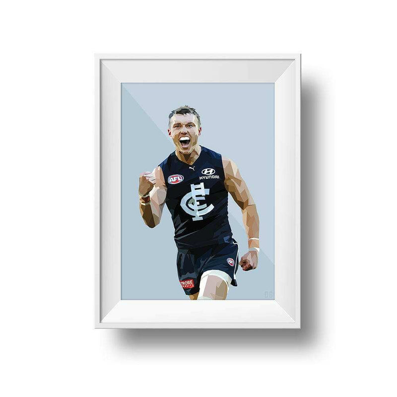 Framed DG Designs Dom Gauci kids art print of Patrick Cripps in Carlton FC AFL uniform on powder blue background