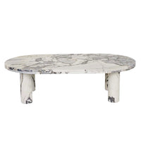 Globe West Amara oval coffee table with natural ocean marble top and bold round leg design