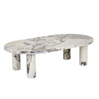 Globe West Amara oval coffee table with natural ocean marble top and round marble pillar legs