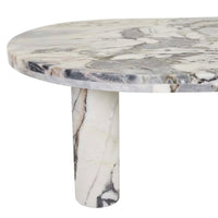 Globe West Amara Round Leg Oval Coffee Table with natural ocean marble top and bold pillar legs