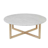GlobeWest Camille Marble Coffee Table with matt white marble top and natural ash wood cross base, modern round design