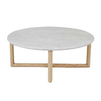 GlobeWest Camille Marble Coffee Table with matt white Carrara marble top and natural ash wood cross base