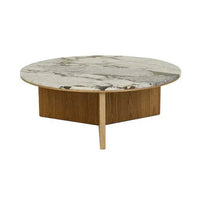 GlobeWest Elsie round coffee table with matt ocean marble top and natural ash veneer base