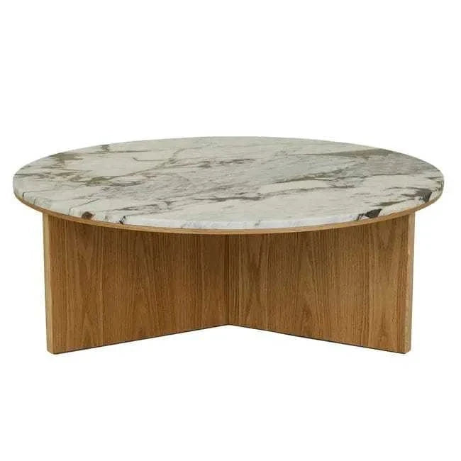 GlobeWest Elsie round coffee table with matt ocean marble top and natural ash veneer base