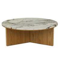 GlobeWest Elsie round coffee table with matt ocean marble top and natural ash veneer base