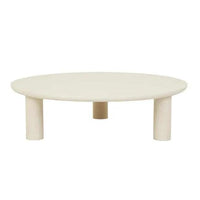 GlobeWest Seb Round Coffee Table with rope-colored claylime finish and chubby pillar legs, 120cm diameter low design