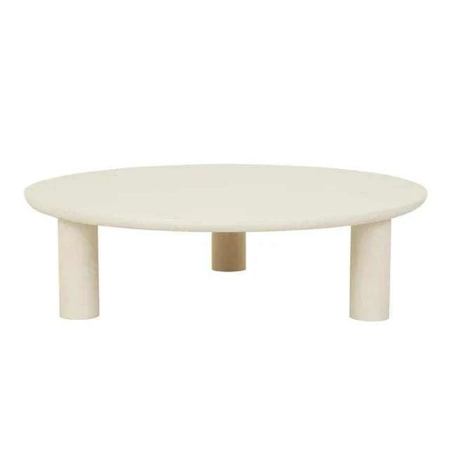 GlobeWest Seb Round Coffee Table with rope-colored claylime finish and chubby pillar legs, 120cm diameter low design