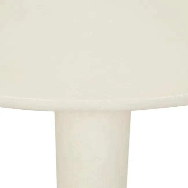 Close-up of GlobeWest Seb Round Coffee Table in rope color with claylime finish and chubby pillar leg design