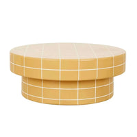 GlobeWest Seville Tile honey round coffee table with glazed finish and mid-century modern design