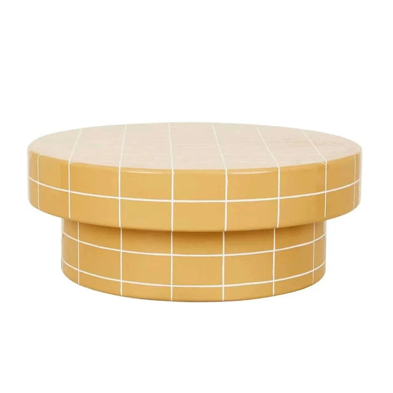 GlobeWest Seville Tile honey round coffee table with glazed finish and mid-century modern design