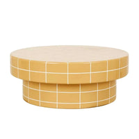 GlobeWest Seville Tile round coffee table in honey with white grout lines and mid-century modern design