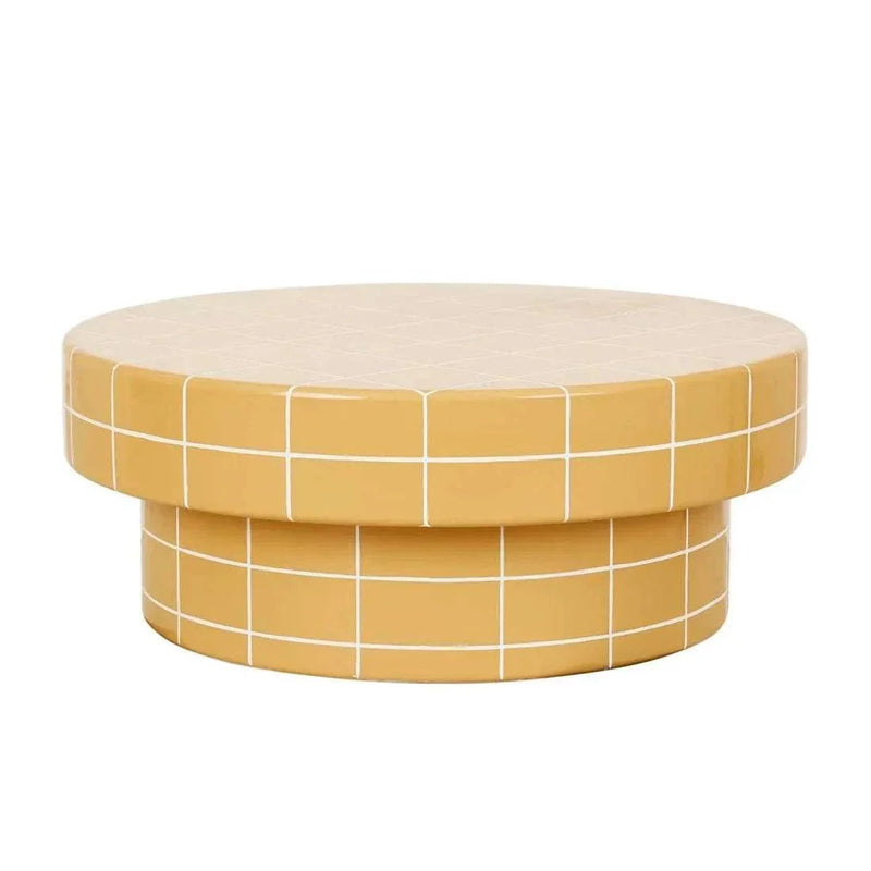GlobeWest Seville Tile round coffee table in honey with white grout lines and mid-century modern design