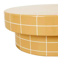 GlobeWest Seville Tile round coffee table in honey with white grout lines and mid-century modern design