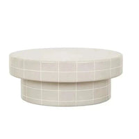 GlobeWest Seville Tile round coffee table in pearl white with minimalist mid-century design and tiled surface