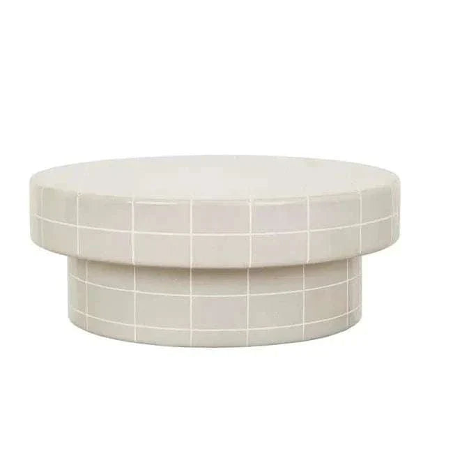 GlobeWest Seville Tile round coffee table in pearl white with minimalist mid-century design and tiled surface