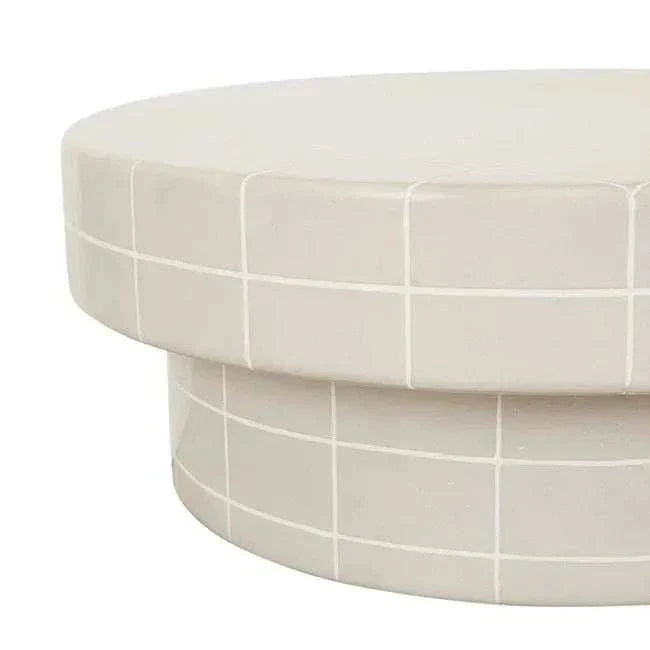 GlobeWest Seville Tile round coffee table in pearl white with tiled design and mid-century modern style