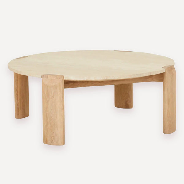 GlobeWest Willa Marble Coffee Table, Natural Travertine & Light Oak | Norsu Interiors