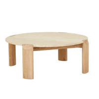 Willa Marble Coffee Table with natural travertine top and light oak legs in modern living room