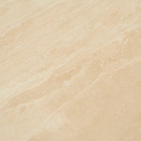 Willa Marble Coffee Table with natural travertine top and light oak elliptical legs in modern living room