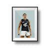 DG Designs Dom Gauci kids art print of Charlie Curnow in Carlton FC AFL football uniform on sage green background, framed option.