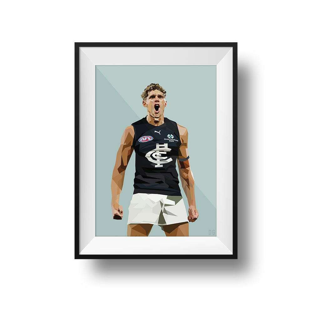 DG Designs Dom Gauci kids art print of Charlie Curnow in Carlton FC AFL football uniform on sage green background, framed option.