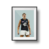 DG Designs Dom Gauci kids art print of Charlie Curnow in Carlton FC AFL football uniform on sage green background, framed option.