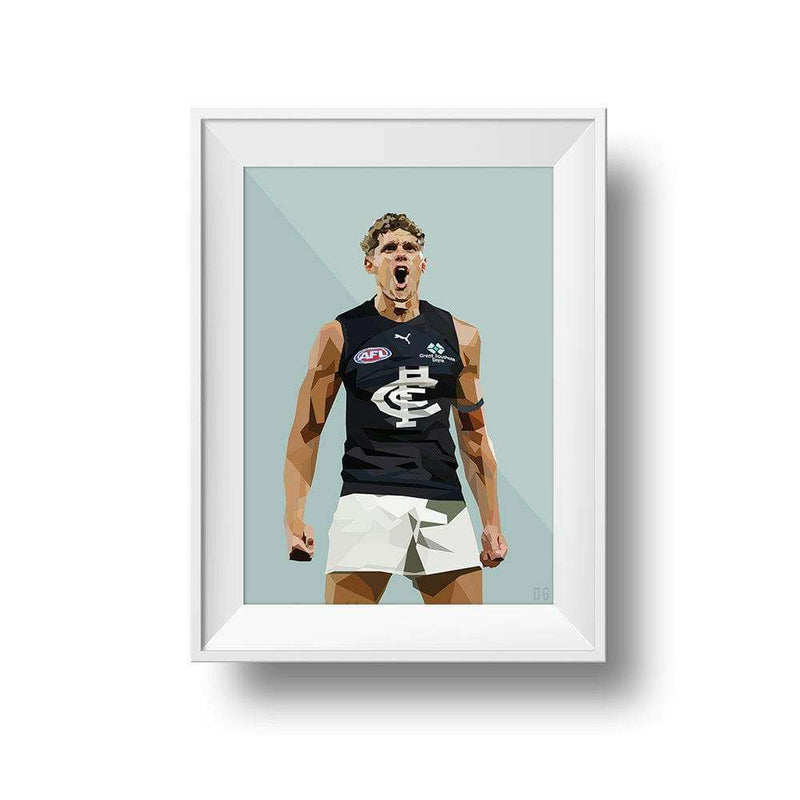 DG Designs Dom Gauci kids art print of Charlie Curnow in Carlton FC AFL uniform with sage green background in white frame