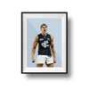Framed DG Designs Dom Gauci kids art print of AFL player Charlie Curnow in Carlton FC uniform on powder blue background