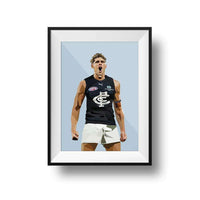 Framed DG Designs Dom Gauci kids art print of AFL player Charlie Curnow in Carlton FC uniform on powder blue background