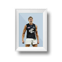 DG Designs Dom Gauci kids art print of Charlie Curnow in Carlton FC AFL uniform with powder blue background in white frame