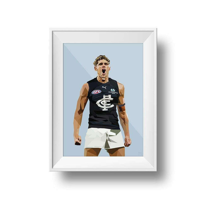 DG Designs Dom Gauci kids art print of Charlie Curnow in Carlton FC AFL uniform with powder blue background in white frame
