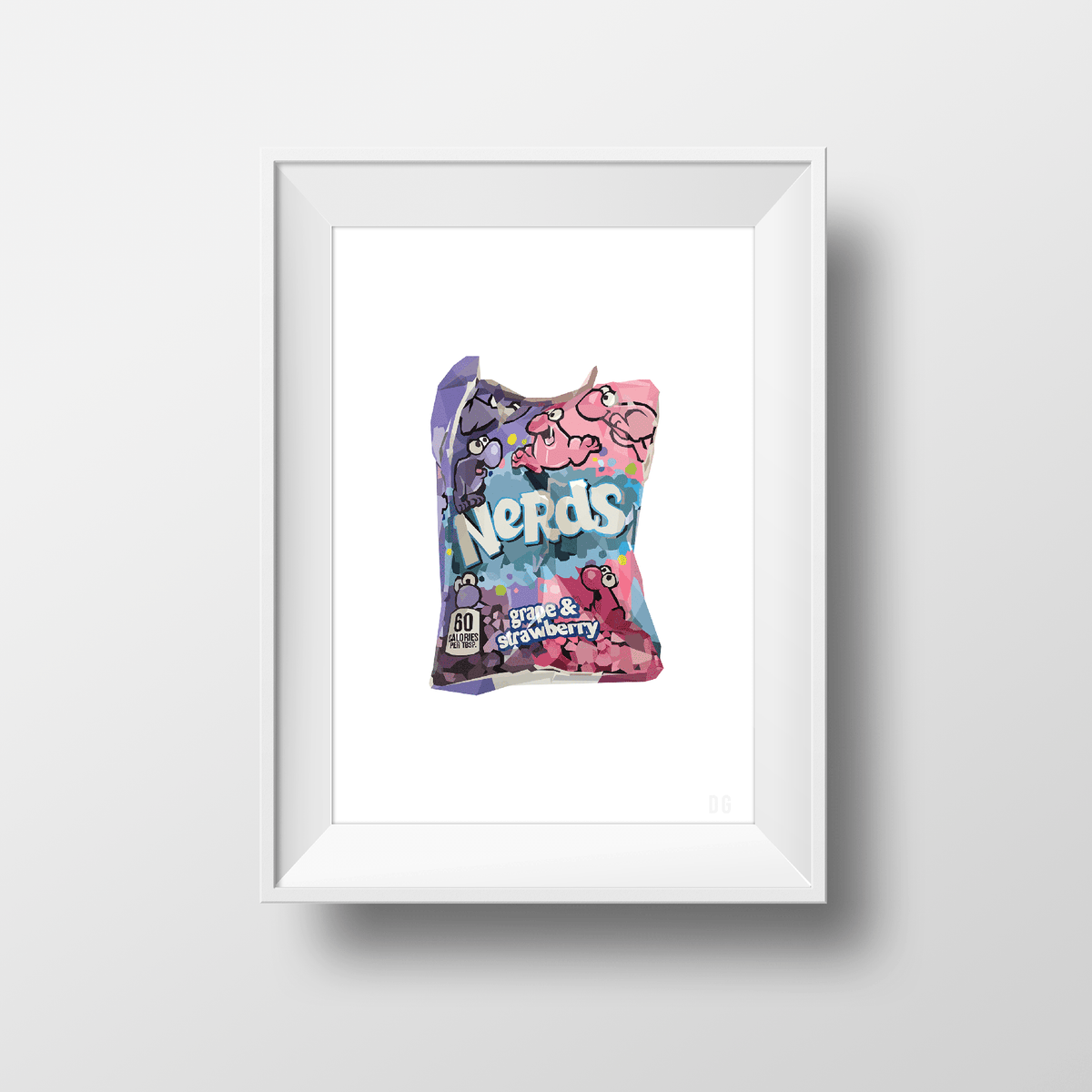 DG Designs Dom Gauci Kids Art Print Candy Clusters featuring colorful nerds candy bag illustration in white frame