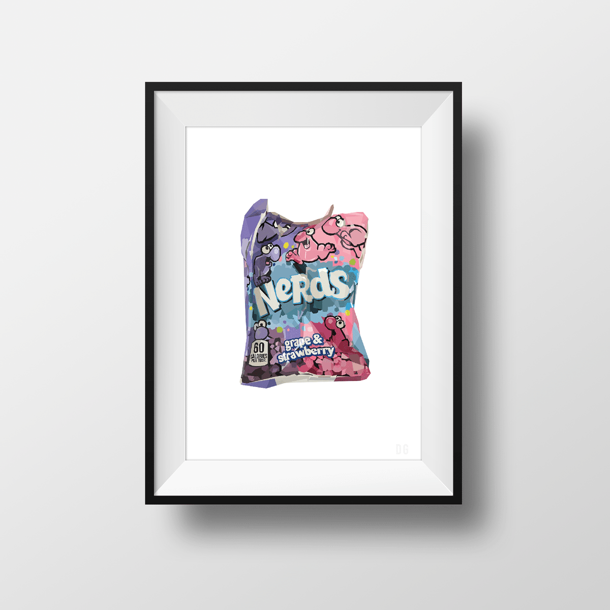 Framed DG Designs Dom Gauci Kids Art Print Candy Clusters featuring colorful Nerds candy bag illustration