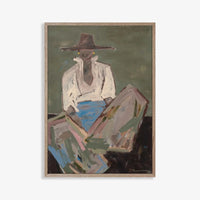 Abstract fine art canvas print titled Chaps III by Marcia Priestley, featuring a seated figure in muted earthy tones with a floating oak frame option.