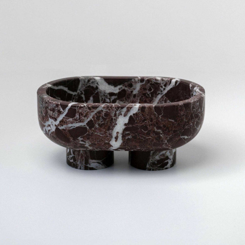CoTheory Marble Footed oval tray in Rosso Levanto marble with sculptural design and polished finish