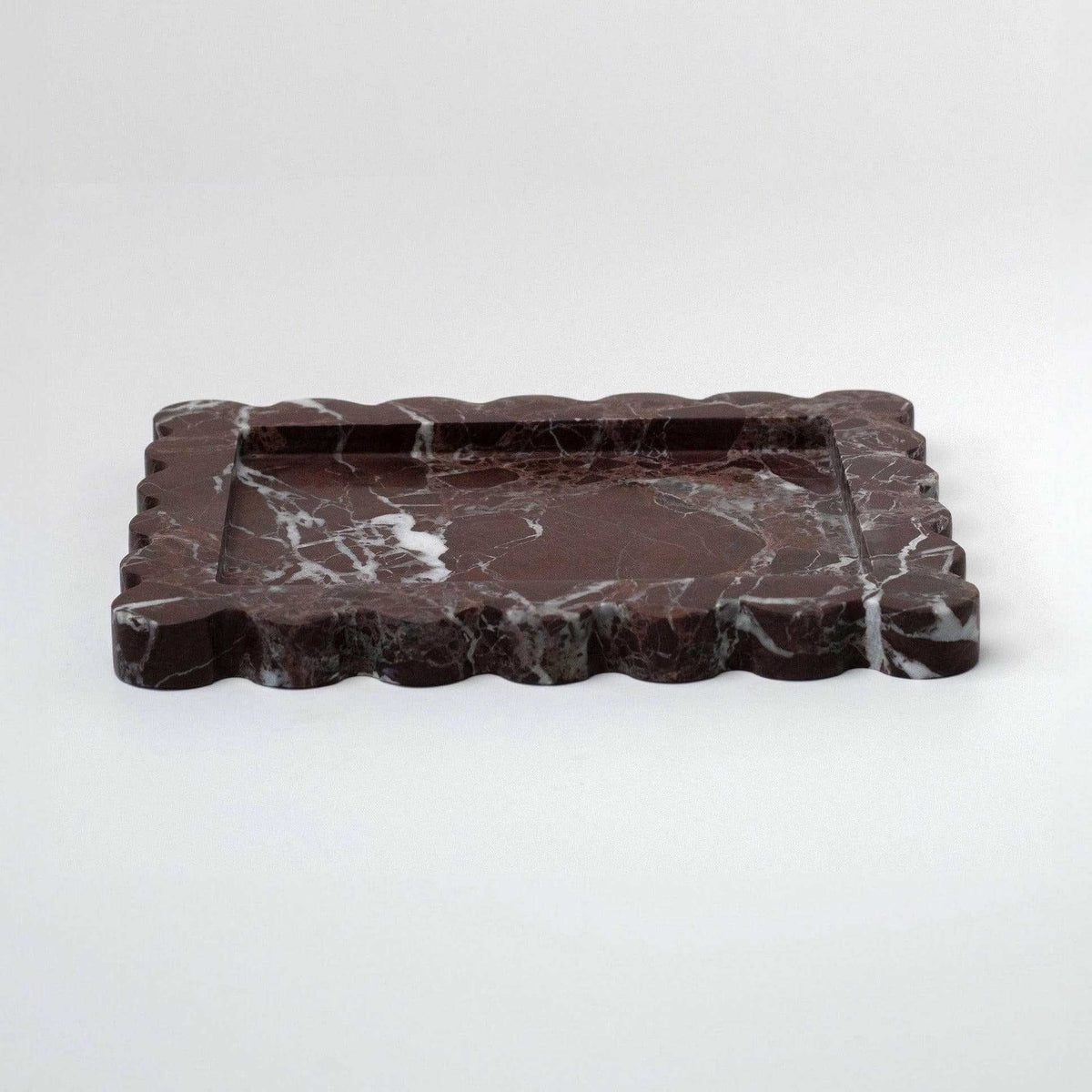 Palazzo Scalloped Marble Bar Tray in Rosso Levanto with scalloped edges and dark red marble pattern
