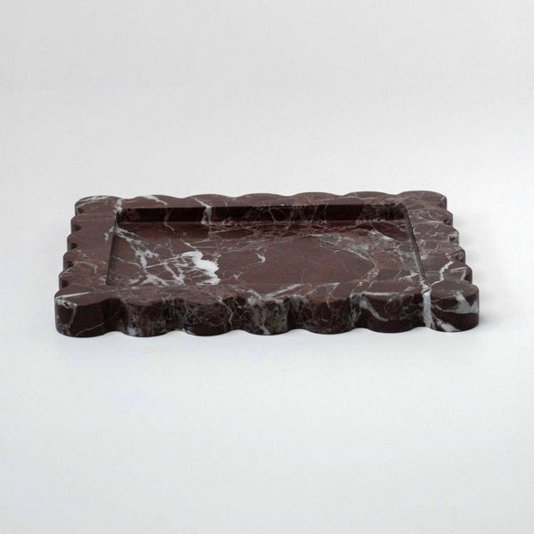 Palazzo Scalloped Marble Bar Tray in Rosso Levanto with scalloped edges and dark red marble pattern