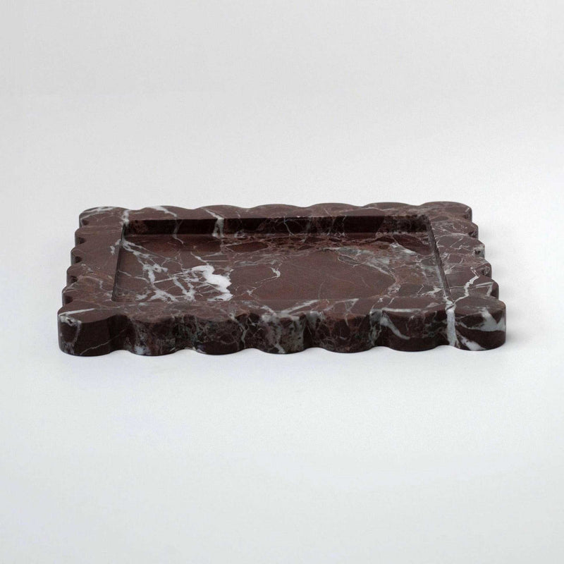 Palazzo Scalloped Marble Bar Tray in Rosso Levanto with scalloped edges and dark red marble pattern