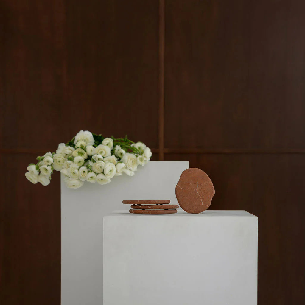 CoTheory Anchor Stone Coasters in Rosso Alicante protecting surfaces with elegant red stone design, set of four