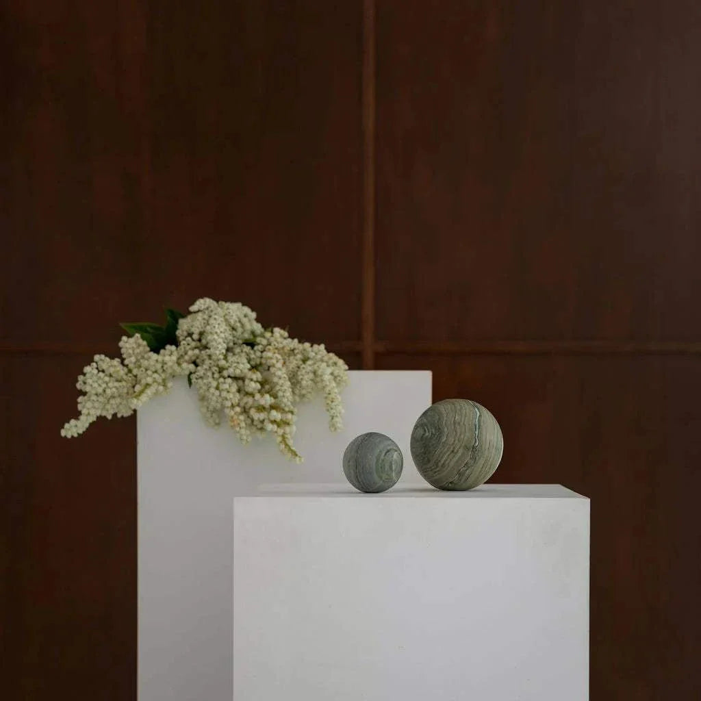 CoTheory Verde Green Orbit Table Sculpture marble sphere on wooden base