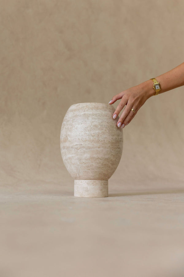 CoTheory Pedestal Footed Pot - Beige Travertine